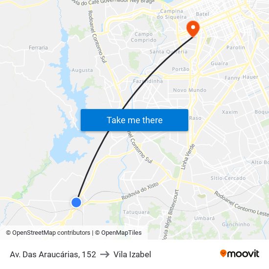 Av. Das Araucárias, 152 to Vila Izabel map