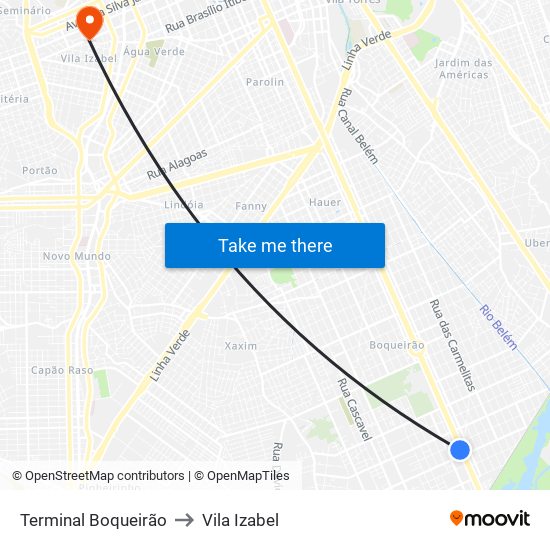 Terminal Boqueirão to Vila Izabel map