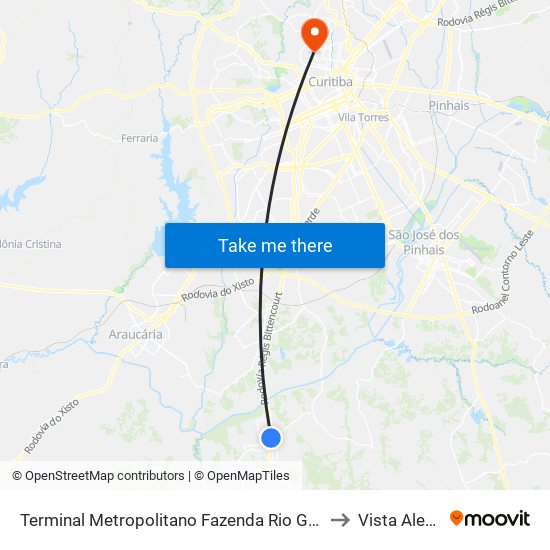 Terminal Metropolitano Fazenda Rio Grande to Vista Alegre map