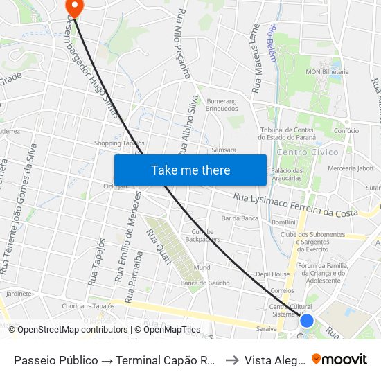 Passeio Público → Terminal Capão Raso to Vista Alegre map