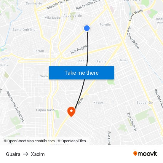 Guaíra to Xaxim map