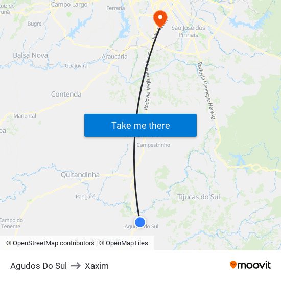 Agudos Do Sul to Xaxim map