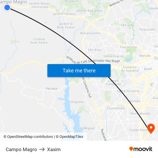 Campo Magro to Xaxim map