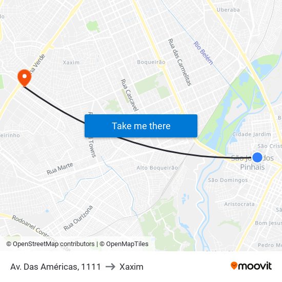 Av. Das Américas, 1111 to Xaxim map