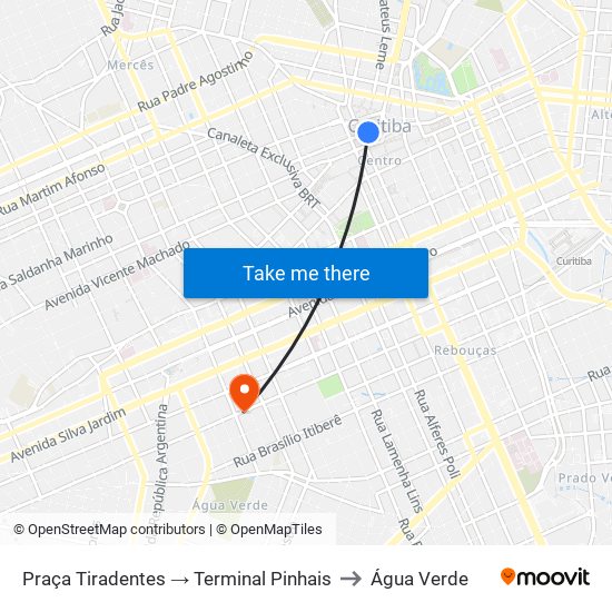 Praça Tiradentes → Terminal Pinhais to Água Verde map
