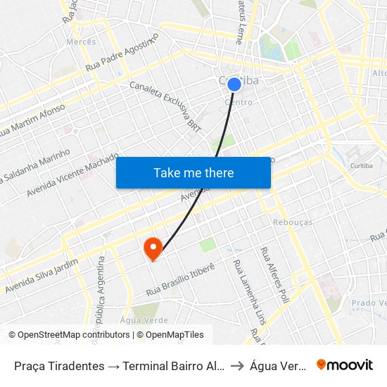 Praça Tiradentes → Terminal Bairro Alto to Água Verde map
