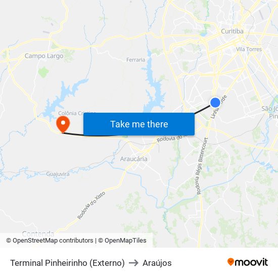 Terminal Pinheirinho (Externo) to Araújos map