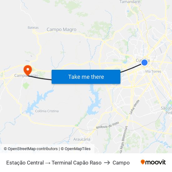 Estação Central → Terminal Capão Raso to Campo map