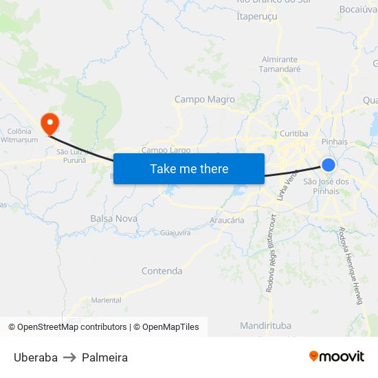 Uberaba to Palmeira map