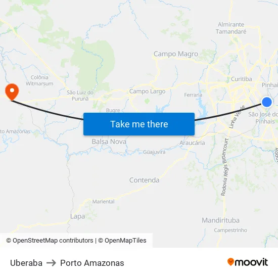Uberaba to Porto Amazonas map