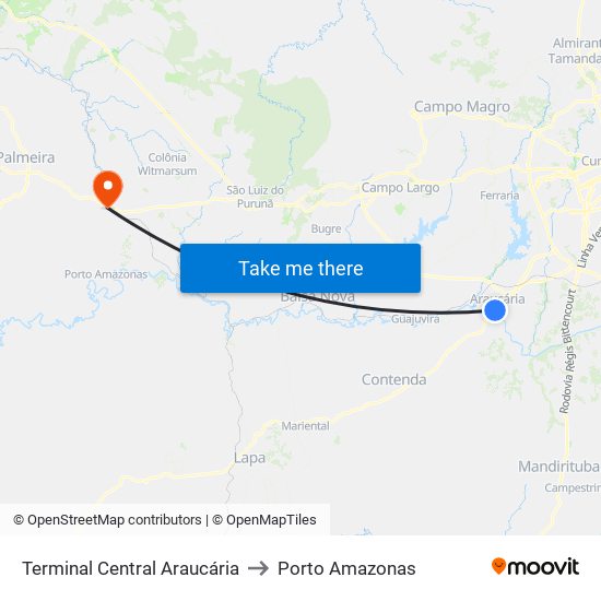 Terminal Central Araucária to Porto Amazonas map