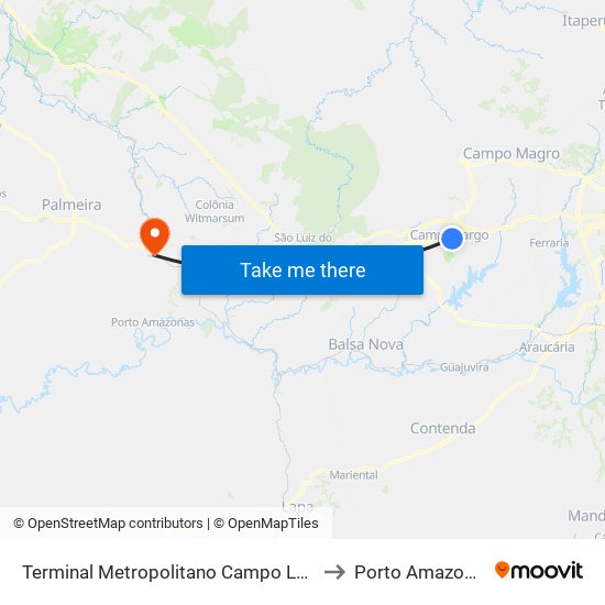 Terminal Metropolitano Campo Largo to Porto Amazonas map