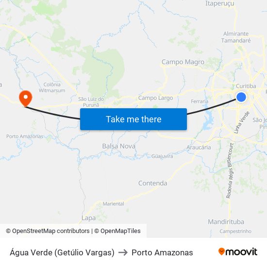 Água Verde (Getúlio Vargas) to Porto Amazonas map