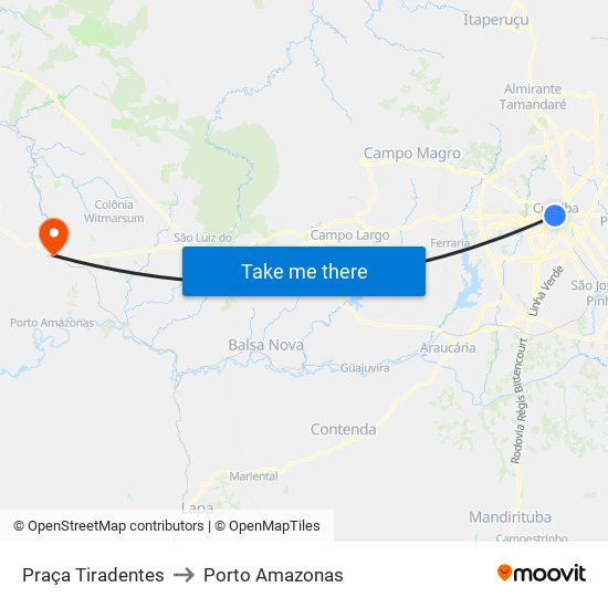 Praça Tiradentes → Terminal Pinhais to Porto Amazonas map