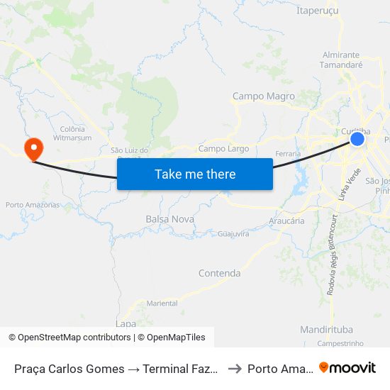 Praça Carlos Gomes → Terminal Fazenda Rio Grande to Porto Amazonas map