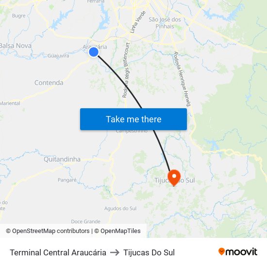 Terminal Central Araucária to Tijucas Do Sul map