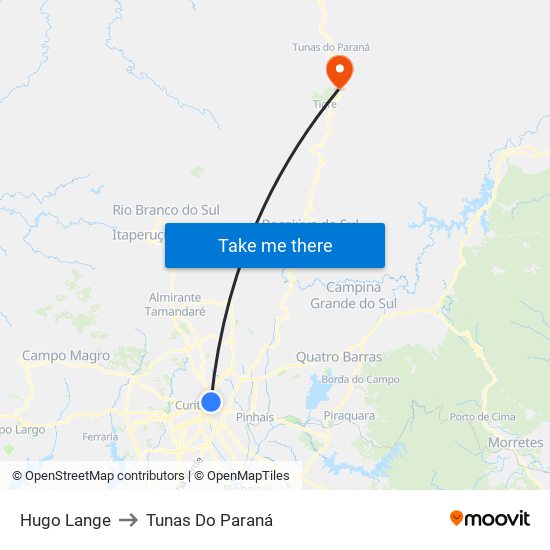 Hugo Lange to Tunas Do Paraná map