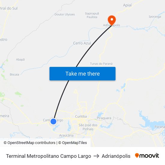 Terminal Metropolitano Campo Largo to Adrianópolis map