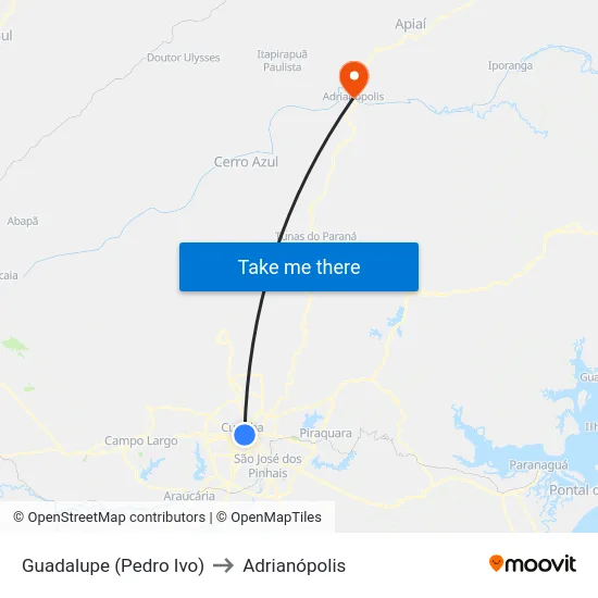 Guadalupe (Pedro Ivo) to Adrianópolis map