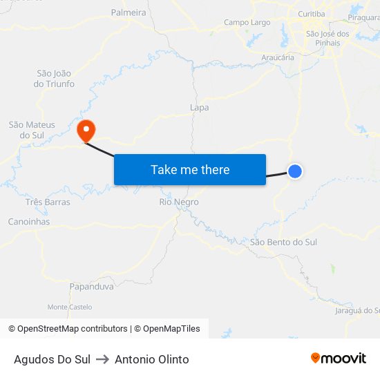 Agudos Do Sul to Antonio Olinto map