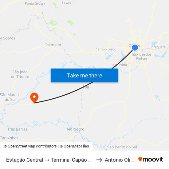 Estação Central → Terminal Capão Raso to Antonio Olinto map