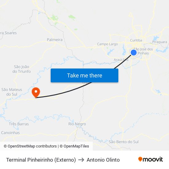 Terminal Pinheirinho (Externo) to Antonio Olinto map