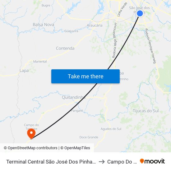 Terminal Central São José Dos Pinhais to Campo Do Tenente map