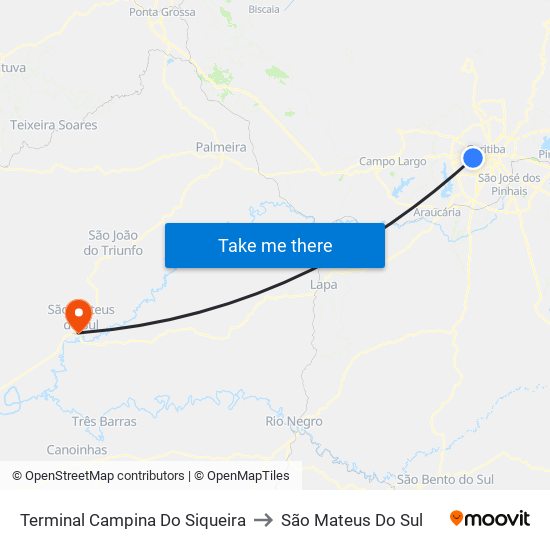 Terminal Campina Do Siqueira to São Mateus Do Sul map