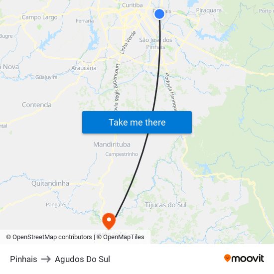 Pinhais to Agudos Do Sul map