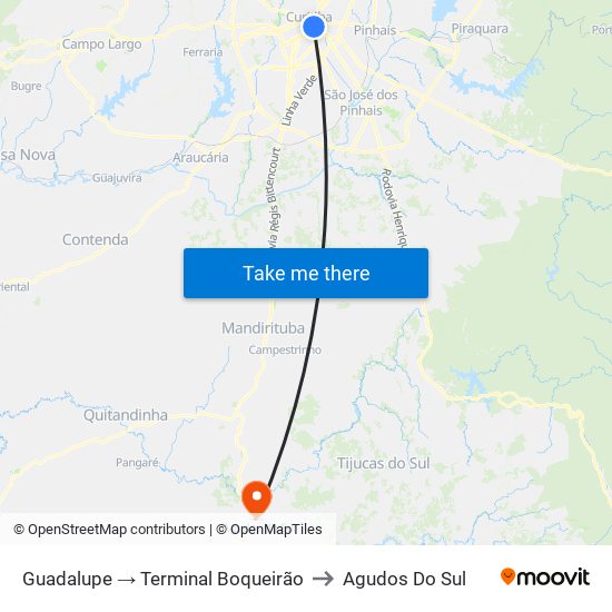 Guadalupe → Terminal Boqueirão to Agudos Do Sul map