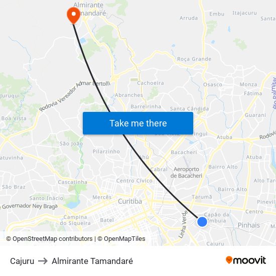 Cajuru to Almirante Tamandaré map