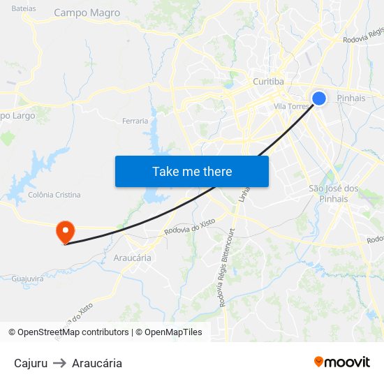 Cajuru to Araucária map