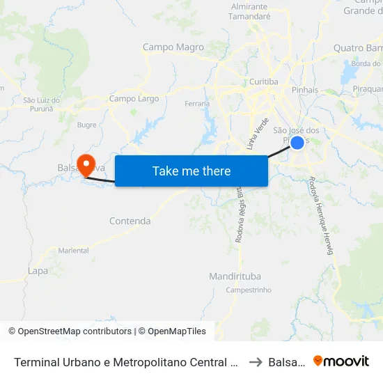 Terminal Urbano e Metropolitano Central de São José dos Pinhais to Balsa Nova map