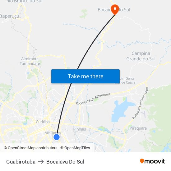 Guabirotuba to Bocaiúva Do Sul map