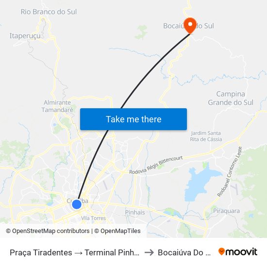 Praça Tiradentes → Terminal Pinhais to Bocaiúva Do Sul map