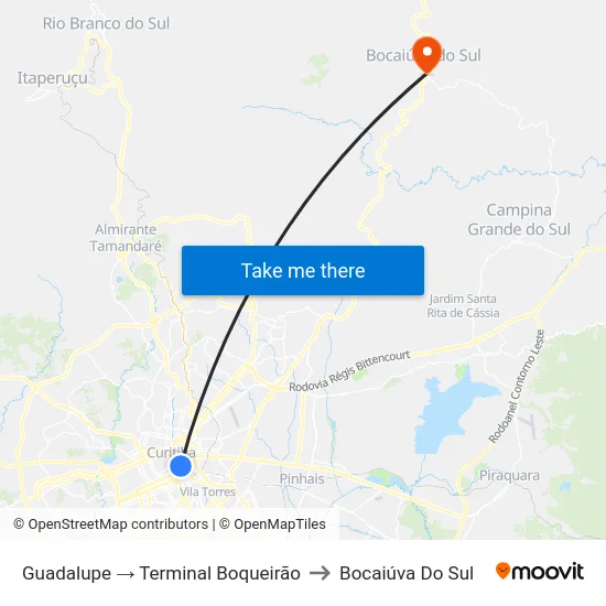 Guadalupe → Terminal Boqueirão to Bocaiúva Do Sul map
