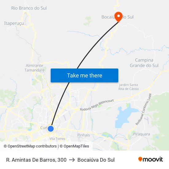 R. Amintas De Barros, 300 to Bocaiúva Do Sul map