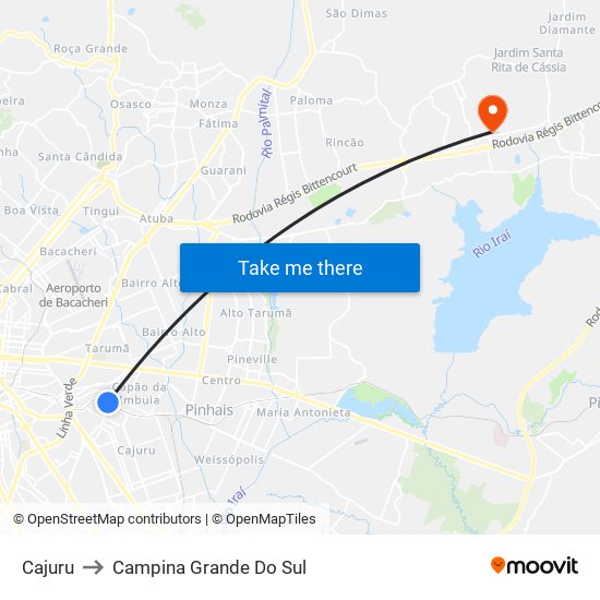 Cajuru to Campina Grande Do Sul map