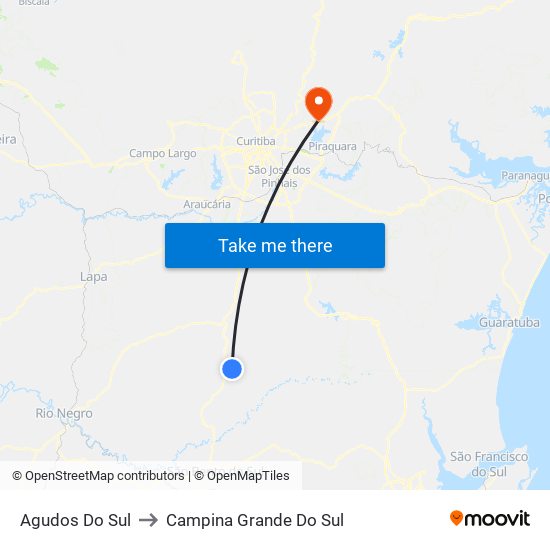Agudos Do Sul to Campina Grande Do Sul map