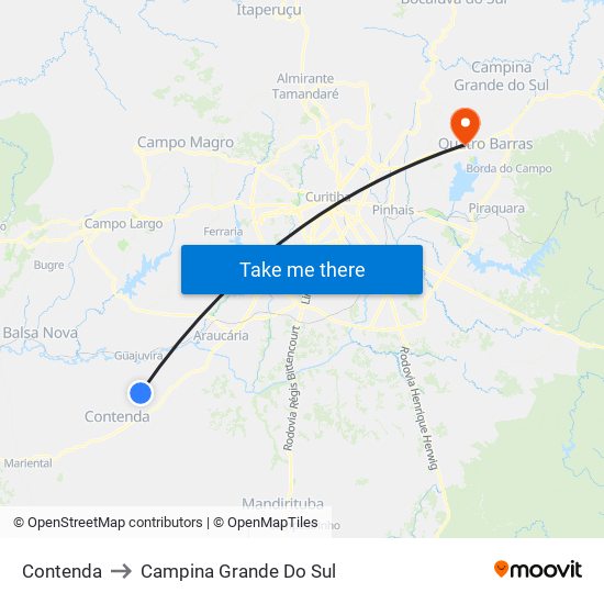 Contenda to Campina Grande Do Sul map