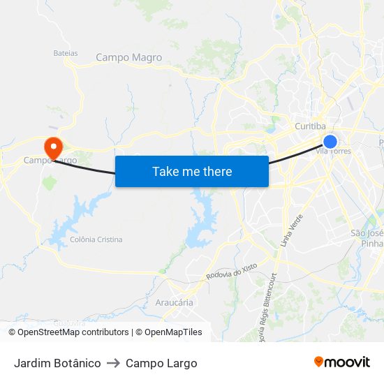 Jardim Botânico to Campo Largo map