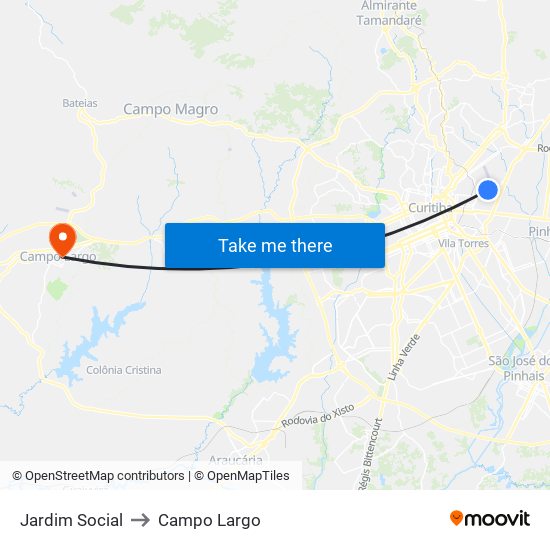 Jardim Social to Campo Largo map