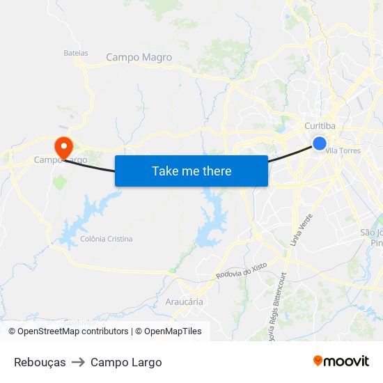 Rebouças to Campo Largo map