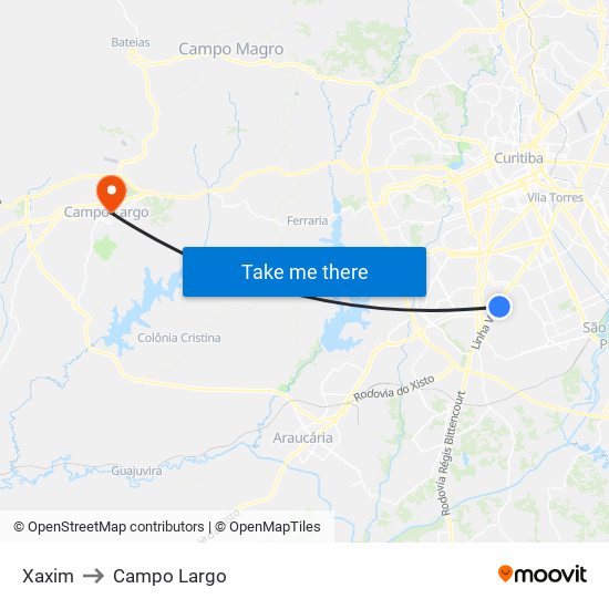 Xaxim to Campo Largo map