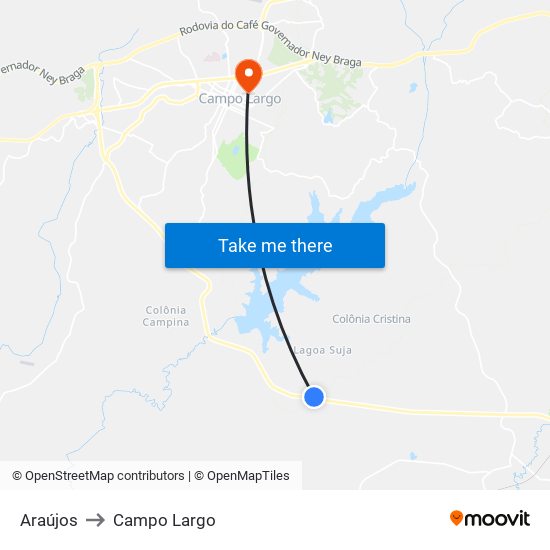 Araújos to Campo Largo map
