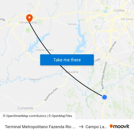 Terminal Metropolitano Fazenda Rio Grande to Campo Largo map