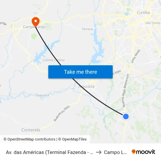 Av. das Américas (Terminal Fazenda - Externo) to Campo Largo map