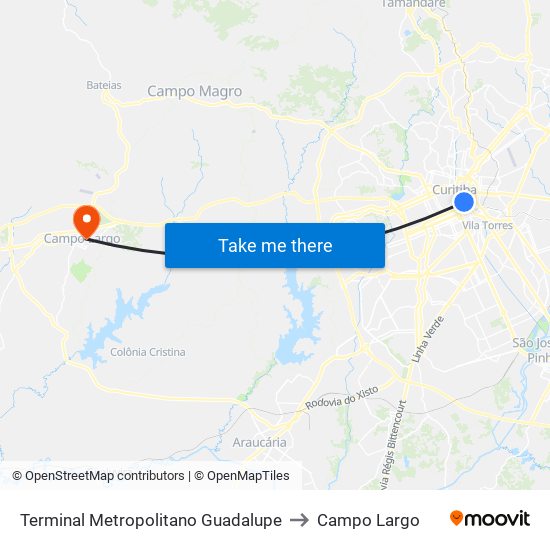 Terminal Metropolitano Guadalupe to Campo Largo map