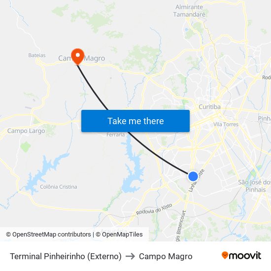 Terminal Pinheirinho (Externo) to Campo Magro map