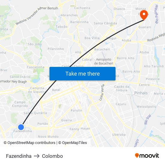 Fazendinha to Colombo map